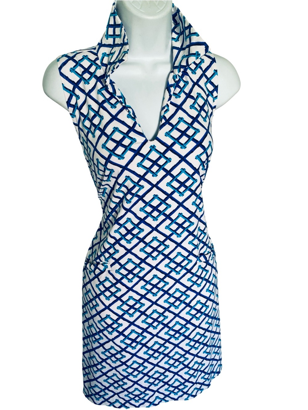Katherine Way Blue and White Geometric Sleeveless Dress -S